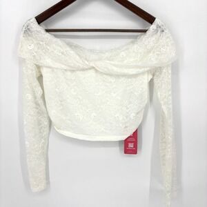 ROMWE White Lace Off Shoulder Crop Top Long Sleeve Twist Front Sheer